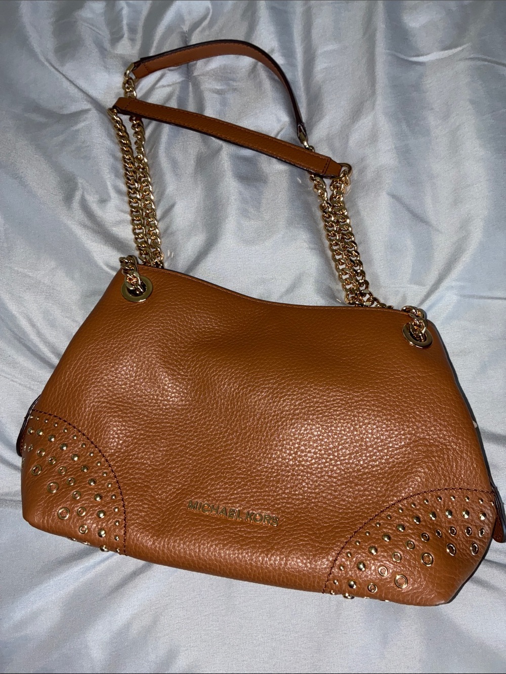 Michael Kors Cognac Pebbled Leather Shoulder Bag with Gold Chain